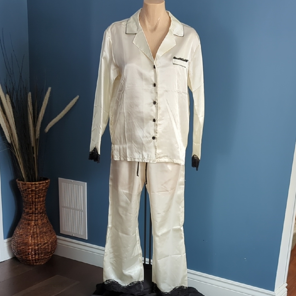 Cream Satin Pajama Set with Black Lace Trim